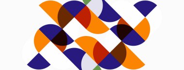 Soyut geometrik desen. Üst üste binen daireler, yarı daireler dinamik bileşim oluşturur. Turuncu, mor, nötr arkaplan. Modern tasarım.