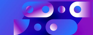 Soyut şekiller, canlı maviler, morlar modern tasarım yaratır. Renkler derinlik, hareket, dijital estetik.