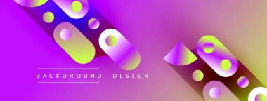 Canlı soyut arkaplan özellikleri üst üste binen daireler, kareler, gradyanlar. Mor, sarı renkler tasarımda baskın. Metin arkaplan tasarımı okur.
