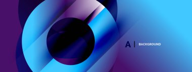 Soyut sıvı şekilleri, canlı maviler, morlar dinamik bir zemin oluşturur. Modern tasarım, pürüzsüz gradyanlar teknoloji ve yenilik öneriyor.