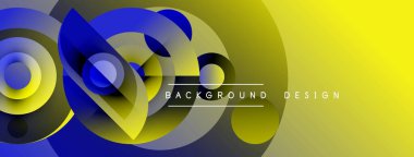 Dynamic abstract composition. Overlapping circles, gradients, yellow, blue hues create modern visual effect. Minimalist text present.