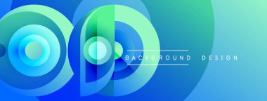 Soyut tasarım katmanlı daireler, gradyanlar içerir. Mavi, yeşil renkler kompozisyona hakim. Metin arka plan tasarımı okur. Modern estetik.