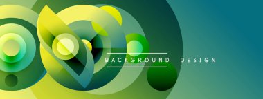 Abstract vibrant design features overlapping circles, gradients. Green, yellow, teal hues create dynamic visual effect. Modern composition.
