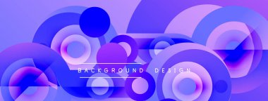 Soyut daireler üst üste binerek canlı mor gradyan arkaplan oluşturur. Metin, arkaplan dizaynının şekillerin altında olduğunu okur. Modern, dinamik kompozisyon.