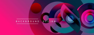 Soyut geometrik şekiller örtüşüyor, canlı pembe, mor, mavi renkler yaratıyor. Metin arka plan tasarımı okur. Modern görsel kompozisyon.