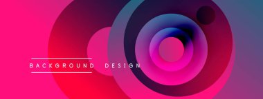 Soyut enerjik tasarım eşmerkezli daireler içerir. Pembe, mor, mavi renkler dinamik görsel efekt yaratır. Metin arkaplan tasarımı okur.