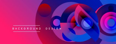 Soyut canlı tasarım, üst üste binen daireler, gradyanlar. Pembe, mor, mavi renkler dinamik görsel efekt yaratır. Modern arkaplan.