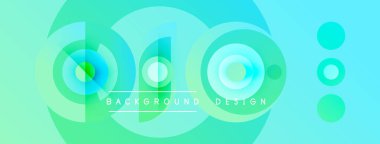 Soyut tasarım eşmerkezli daireler, turkuaz renkler, eğim efektleri içerir. Metin elemanları ve basit şekillerle modern arkaplan.