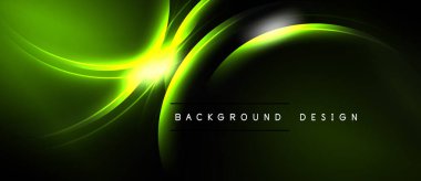 Parlak yeşil kıvrımlar merkez ışık kaynağından siyah zemine doğru yayılıyor. Dijital projeler için modern tasarım ögesi.