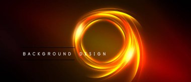 Parlak turuncu neon halkalar enerji yayar. Koyu arkaplan parlak tasarım elemanlarını vurgular, metin arka plan tasarımı okur.