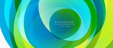 Soyut dairesel katmanlar canlı maviler, yeşiller, sarılar harmanlarlar. Modern tasarım hareketi, enerjiyi ve derinliği çağrıştırıyor. Metin arkaplan tasarımı okur.