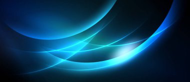 Soyut mavi eğriler, akan çizgiler, parlak ışık. Karanlık arka plan dramatik görsel efektler yaratır. Modern tasarım elemanları.