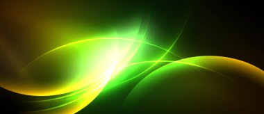 Soyut tasarım dalgalı kıvrımlar, canlı yeşil, sarı renkler içerir. Dinamik bileşim parlak, enerjik görsel etki yaratır.