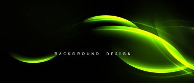 Parlak yeşil kıvrımlar siyah uzayda akar. Modern tasarım öğesi, dinamik çizgiler soyut görsel etki yaratır. Basit, zarif..