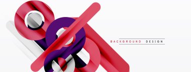 Soyut geometrik şekiller örtüşür, dinamik bileşim yaratır. Kırmızı, mor, gümüş renkleri temiz beyaz arkaplana hakim. Modern tasarım ögesi.