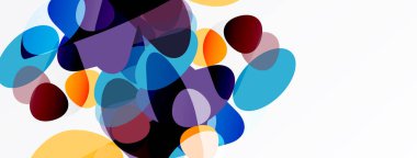 Soyut kompozisyon. Üst üste binen şeffaf daireler, canlı renkler, beyaz arka plan. Modern tasarım, dinamik şekiller, görsel doku.