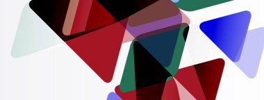 Üst üste binen üçgenler içeren soyut bileşim. Renkler kırmızı, mavi, yeşil, mor, gri. Minimalist tasarım, modern estetik.