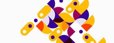 Soyut geometrik şekiller, canlı renkler, modern tasarım. Çemberler, kareler, yuvarlak dikdörtgenler oyuncu bir kompozisyon oluşturur. Minimalist estetik.