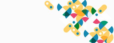 Soyut geometrik şekiller, canlı renkler, modern tasarım. Kompozisyon daireler, kareler, dikdörtgenler, üst üste binen elementler içerir. Temiz estetik.