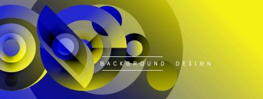 Soyut dinamik kompozisyon. Üst üste binen şekiller parlak sarı ve mavi renkler yaratır. Arkaplan ve sunumlar için modern tasarım ögesi.
