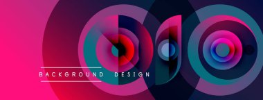 Soyut canlı tasarım, üst üste binen daireler, gradyanlar. Pembe, mor, mavi renkler dinamik görsel efekt yaratır. Metin arkaplan tasarımı okur.