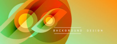 Soyut geometrik şekiller örtüşür, canlı gradyanlar yaratır. Sarı, turuncu, yeşil renkler tasarımda baskın. Modern estetik.
