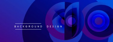 Soyut mavi tasarım, üst üste binen daireler, gradyanlar. Metin arkaplan ve tasarım okur. Modern, canlı görsel element.