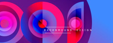 Soyut renkli çemberler dinamik arkaplan oluşturur. Modern tasarım canlı renkler, gradyanlar, metin elementleri içerir.