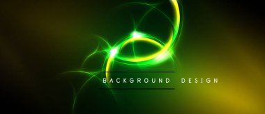Canlı yeşil enerji akışı, koyu sarı arkaplan üzerinde dönen şekiller. Modern tasarım ögesi, soyut aydınlatma.
