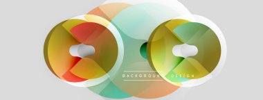 Soyut daireler örtüşüyor, canlı renk eğimleri yaratıyor. Tasarım, açık gri arkaplanda deniz mavisi, turuncu, altın rengi renkler içeriyor. Modern estetik.