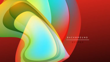 Soyut enerjik şekiller örtüşüyor, dinamik renkli tasarım yaratıyor. Kırmızı sağ tarafa hakim, zıt siyah arkaplan.