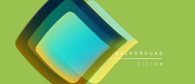 Abstract geometric shapes overlap, creating vibrant color gradients. Yellow, blue hues dominate design, simple text present.