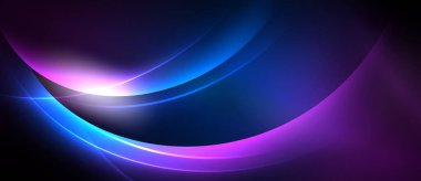 Soyut tasarım dalgalı eğriler, canlı maviler, morlar, pembeler içerir. Işık kaynağı dinamik, parlayan bir etki yaratır. Minimalist kompozisyon.