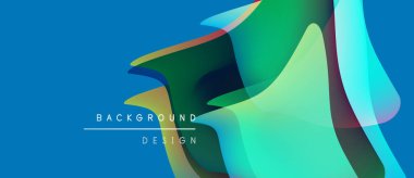 Soyut sıvı şekilleri örtüşür ve canlı renk değişimleri yaratır. Mavi arkaplan yeşil, deniz mavisi rengini tamamlıyor. Modern tasarım ögesi.