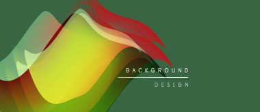 Soyut sıvı şekilleri örtüşür ve canlı renk değişimleri yaratır. Yeşil arka planda baskın, kırmızı, sarı röflelerle. Modern tasarım ögesi.