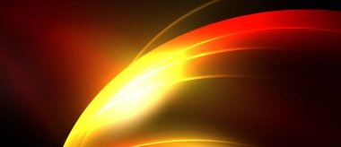 Soyut tasarım parlak turuncu, sarı kıvrımlı koyu arkaplan. Pürüzsüz gradyanlar dinamik, akan görsel efekt yaratır.