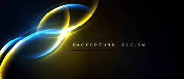 Koyu arkaplanda parlak sarı, mavi ışık çizgileri var. Modern tasarım elementleri dinamik görsel etki yaratır. Minimalist estetik.