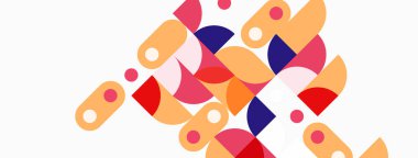 Soyut geometrik şekiller örtüşür, canlı renkli kompozisyon oluşturur. Turuncu, mor, pembe baskın tasarım. Modern estetik.