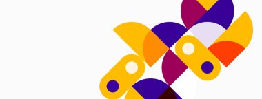 Soyut geometrik şekiller örtüşür, canlı renk bileşimi yaratır. Sarılar, morlar beyaz arkaplana hükmediyor. Modern tasarım ögesi.