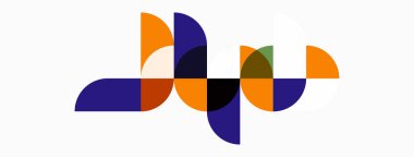 Soyut grafik tasarım, üst üste binen yarı daireler. Turuncu, mor, zeytin renkleri dinamik kompozisyon yaratır. Minimalist tarz, temiz çizgiler modern estetik sunar.