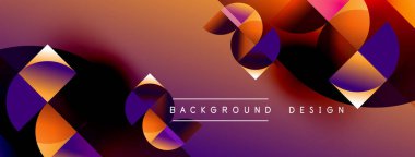 Soyut geometrik şekiller canlı turuncu ve mor renkleri harmanlarlar. Modern tasarım dinamik görsel akış yaratır, uygun arkaplan ögesi.