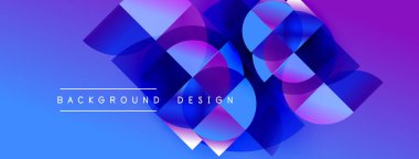 Soyut geometrik şekiller örtüşür, parlak mavi ve mor renkler yaratır. Metin arka plan tasarımı okur. Modern, dinamik görsel kompozisyon.