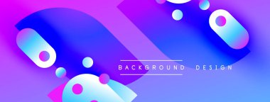 Canlı soyut şekiller, mor ve mavi renkleri harmanlıyor. Modern tasarım üst üste binen formlar, gradyanlar, metin elementleri. Dinamik bileşim görsel ilgi yaratır.