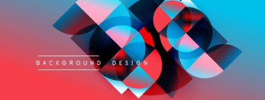 Soyut geometrik şekiller örtüşüyor, canlı renk eğimleri yaratıyor. Kırmızı, mavi, pembe renkler tasarımda baskın. Modern estetik.