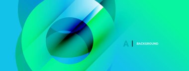 Soyut gradyan şekiller örtüşür ve dinamik görsel efekt yaratır. Teal, turkuaz, mavi renkler kompozisyona hakim. Modern tasarım ögesi.