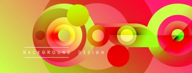 Soyut, canlı çemberler örtüşüyor ve dinamik, renkli bir arkaplan oluşturuyor. Sarı, kırmızı, yeşil renkler kusursuz bir şekilde harmanlanır. Modern tasarım ögesi.