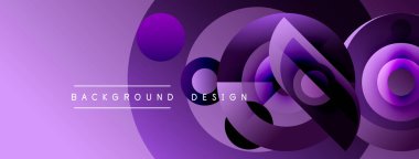 Mor soyut tasarım, üst üste binen daireler, gradyanlar. Metin elemanları ve dinamik bileşimi olan modern arkaplan.