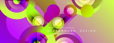 Soyut canlı tasarım, üst üste binen daireler, gradyanlar. Renkler arasında mor, sarı, yeşil dinamik görsel efekt.