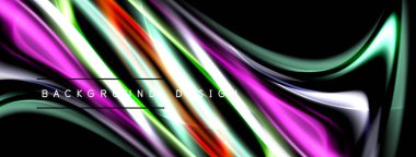 Soyut renkli dalgalar siyah arkaplan boyunca akar. Dinamik çizgiler modern görsel efekt yaratır. Parlak eğimler, pürüzsüz eğriler mevcut.