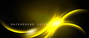 Parlak sarı kıvrımlar koyu arkaplanda parlıyor. Metin arka plan tasarımı okur. Modern, dinamik görsel element.